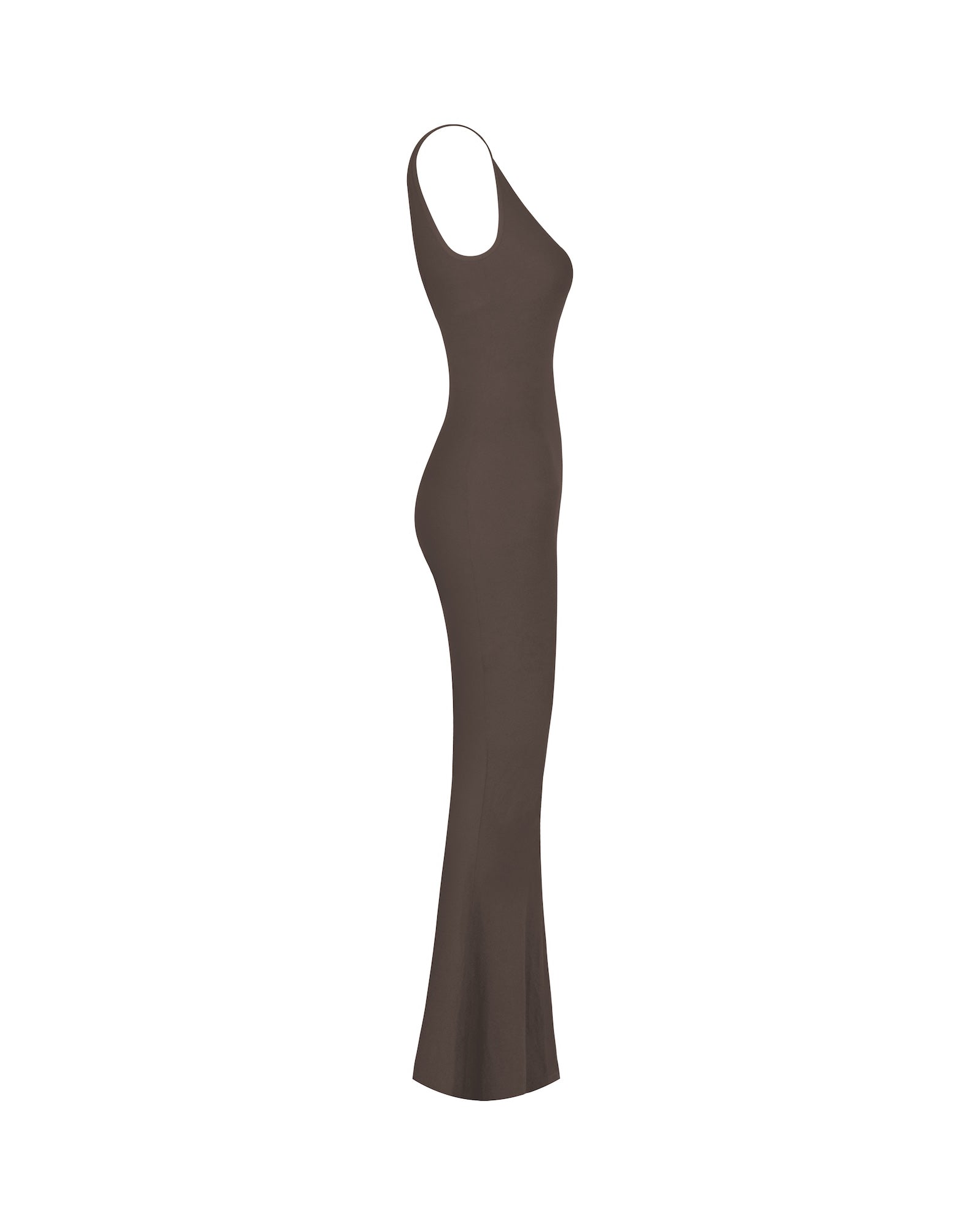 Brown dress with a V-neck and flared skirt on a white background.