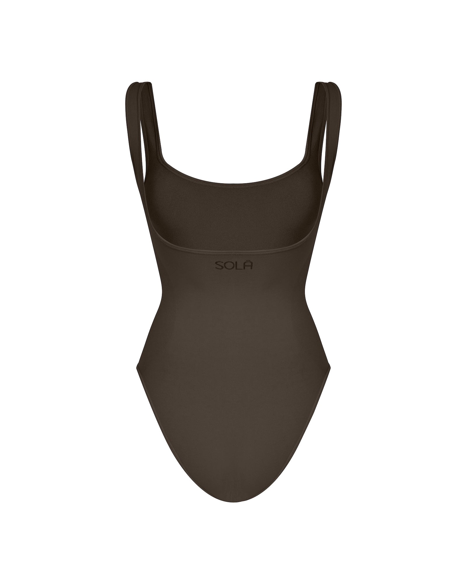Brown swimsuit with 'Sola' branding on a white background