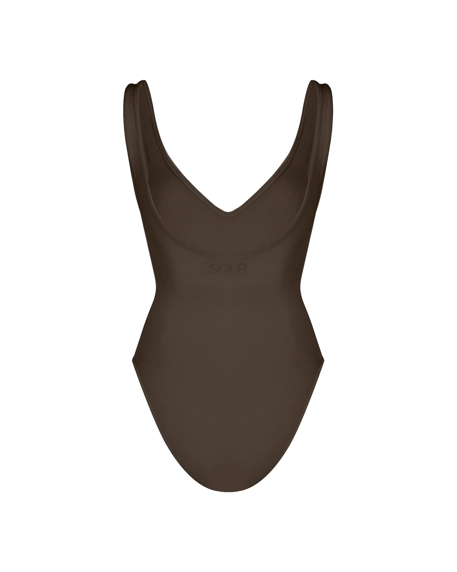 Brown swimsuit with a V-neck design on a white background