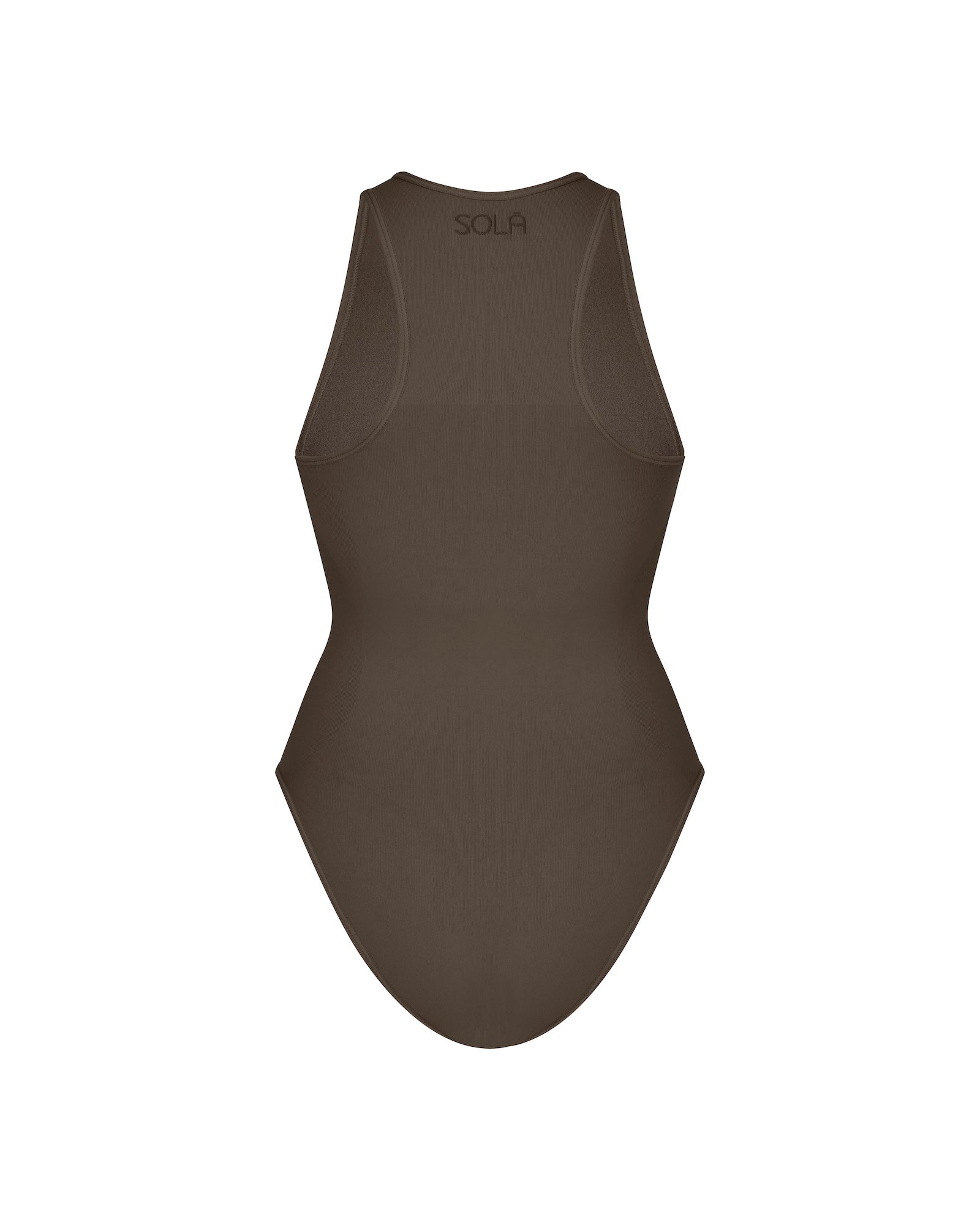 Brown swimsuit with 'Sculpt' branding on a white background