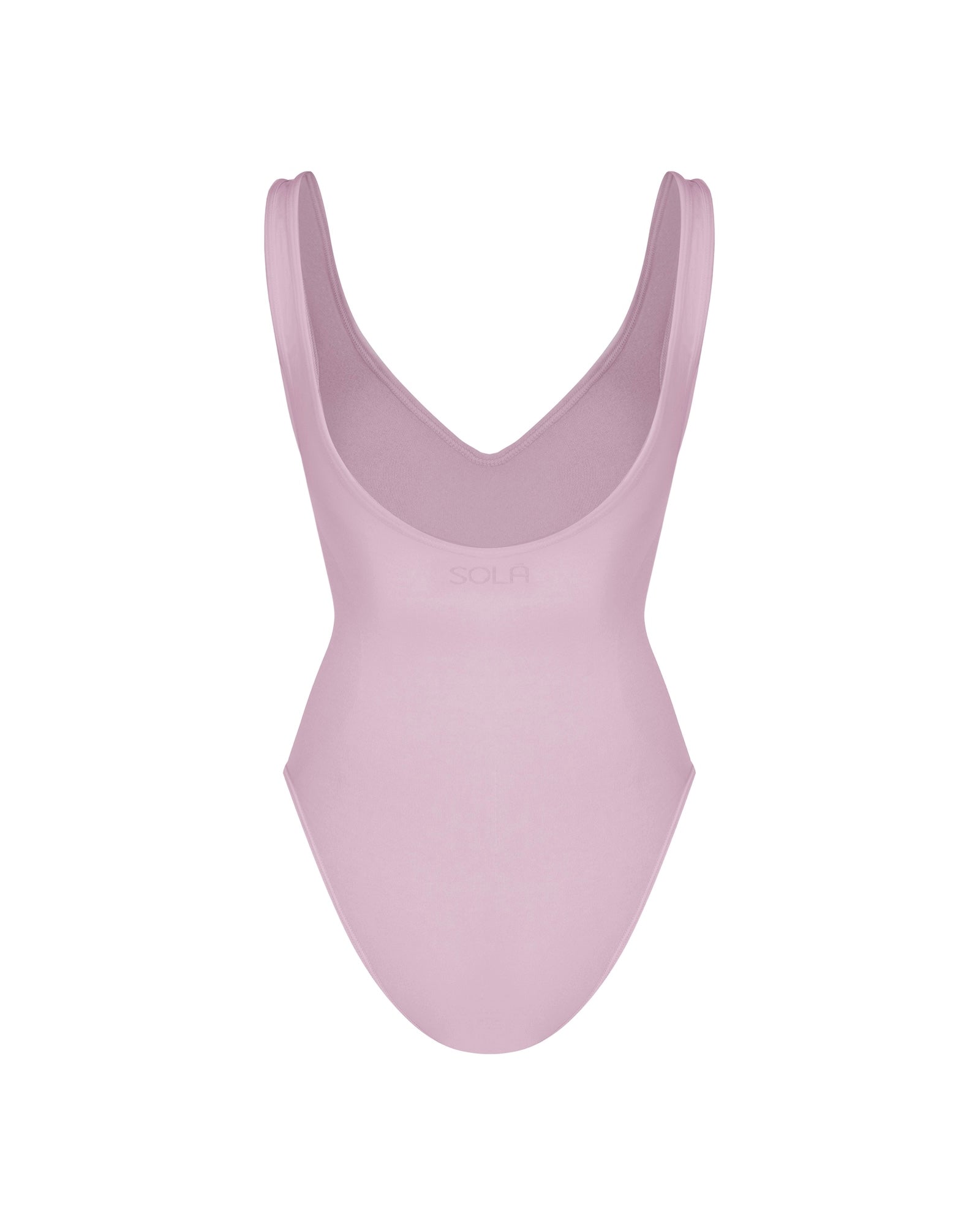 Lavender swimsuit with a deep neckline on a white background