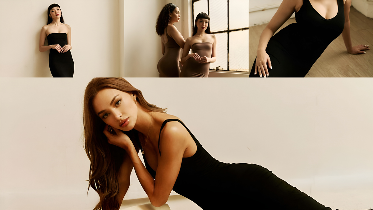 Collage of a women wearing a shapewear dress posing in various settings.